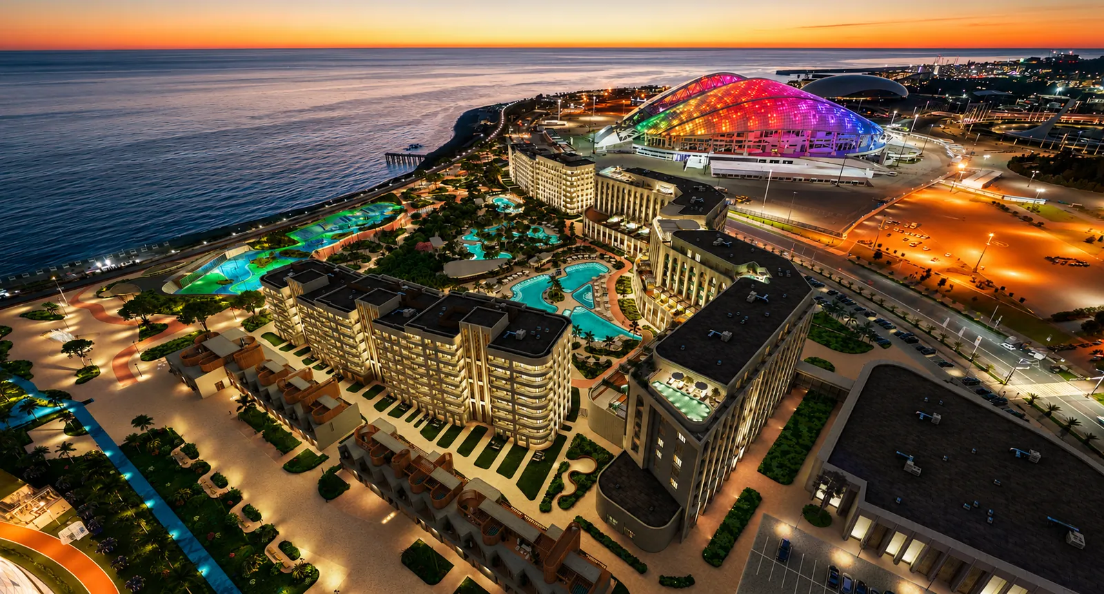 Mantera Resort — вид на курорт с Олимпийским стадионом и закатным небом